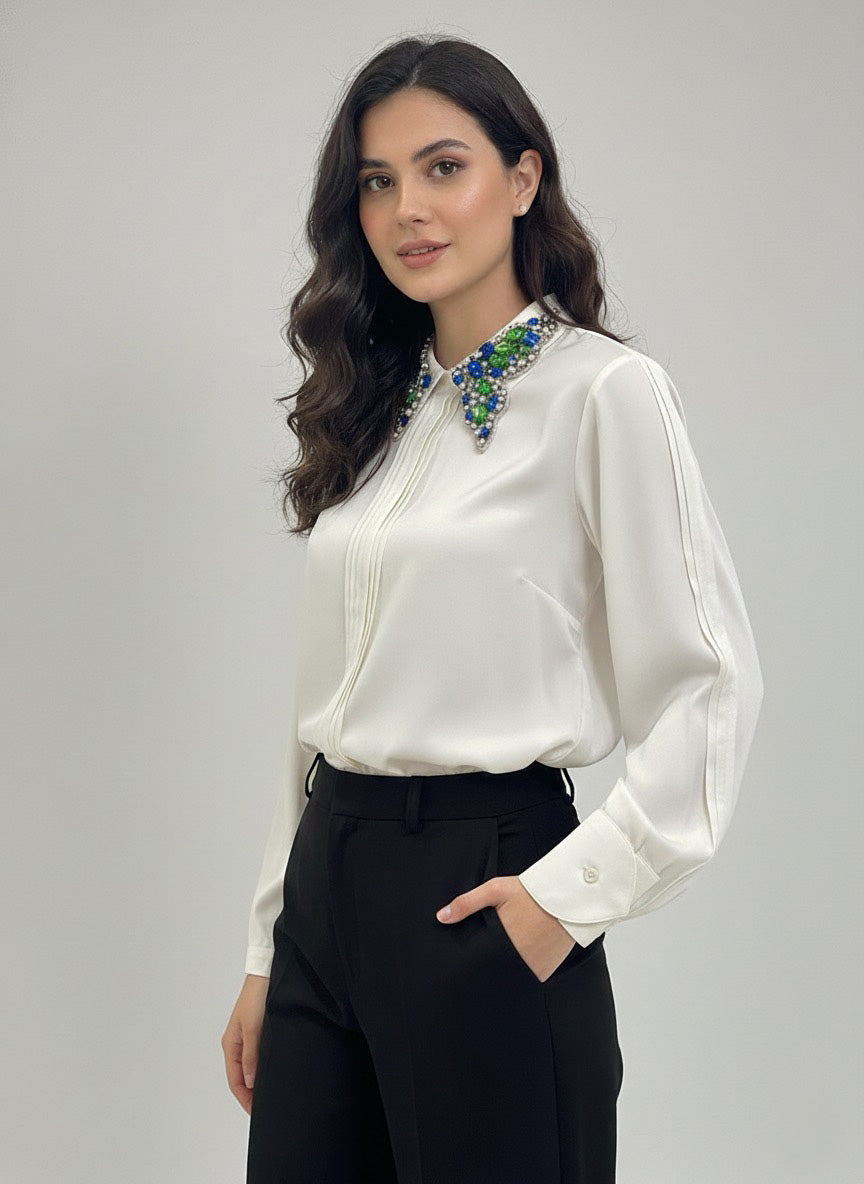 Jewel drop satin shirt with tulip cuffs